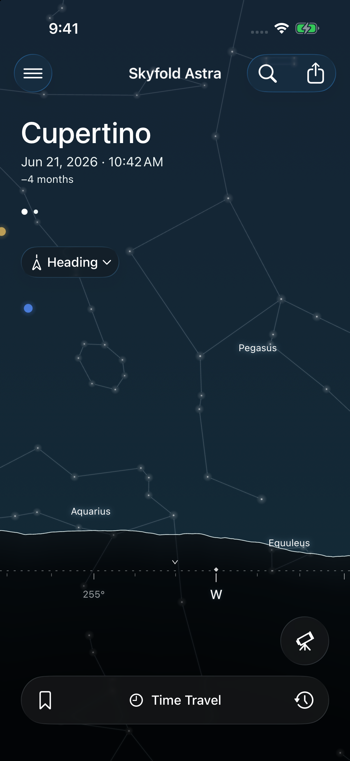 Astra’s native Cupertino western horizon, cardinal direction and bearing