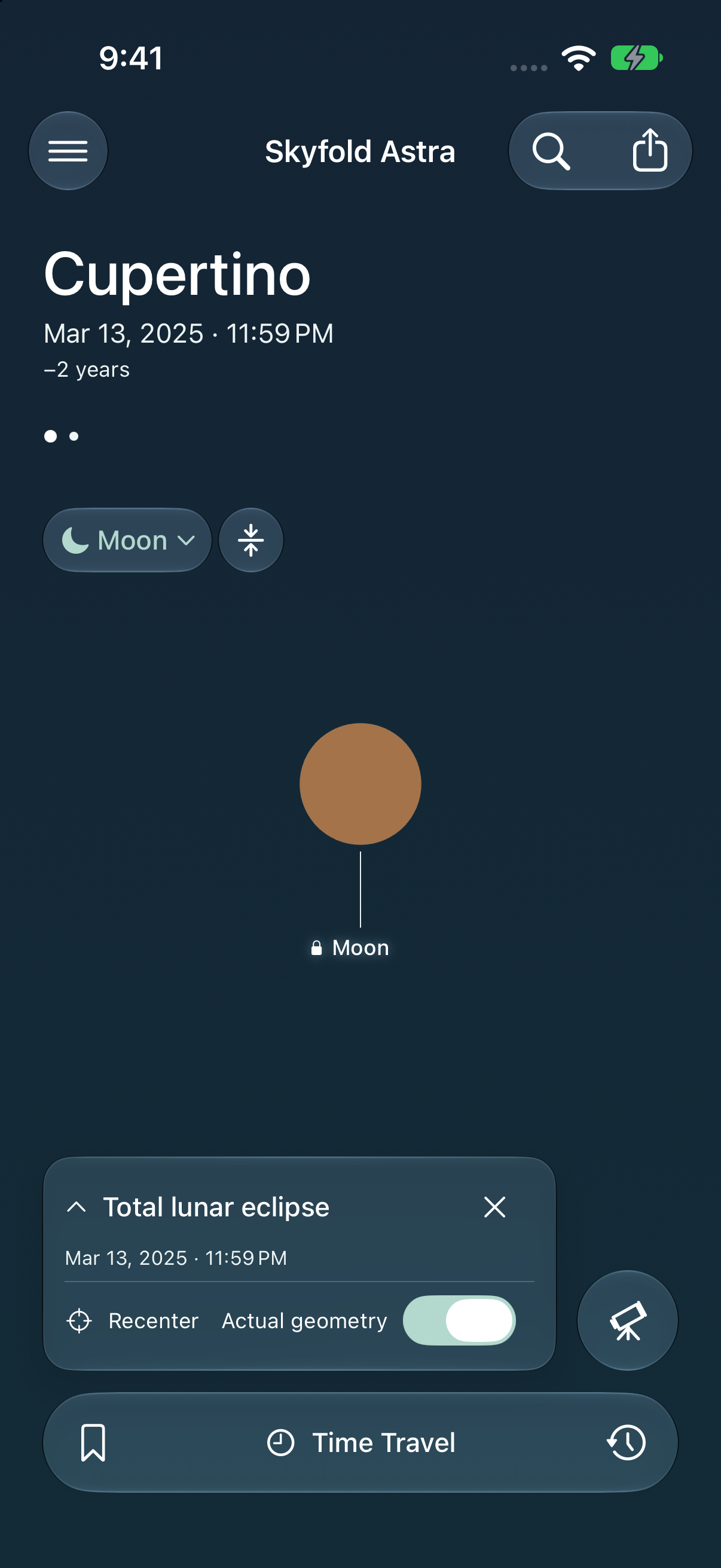 Astra’s native Moon view during the total lunar eclipse in Cupertino on March 13, 2025