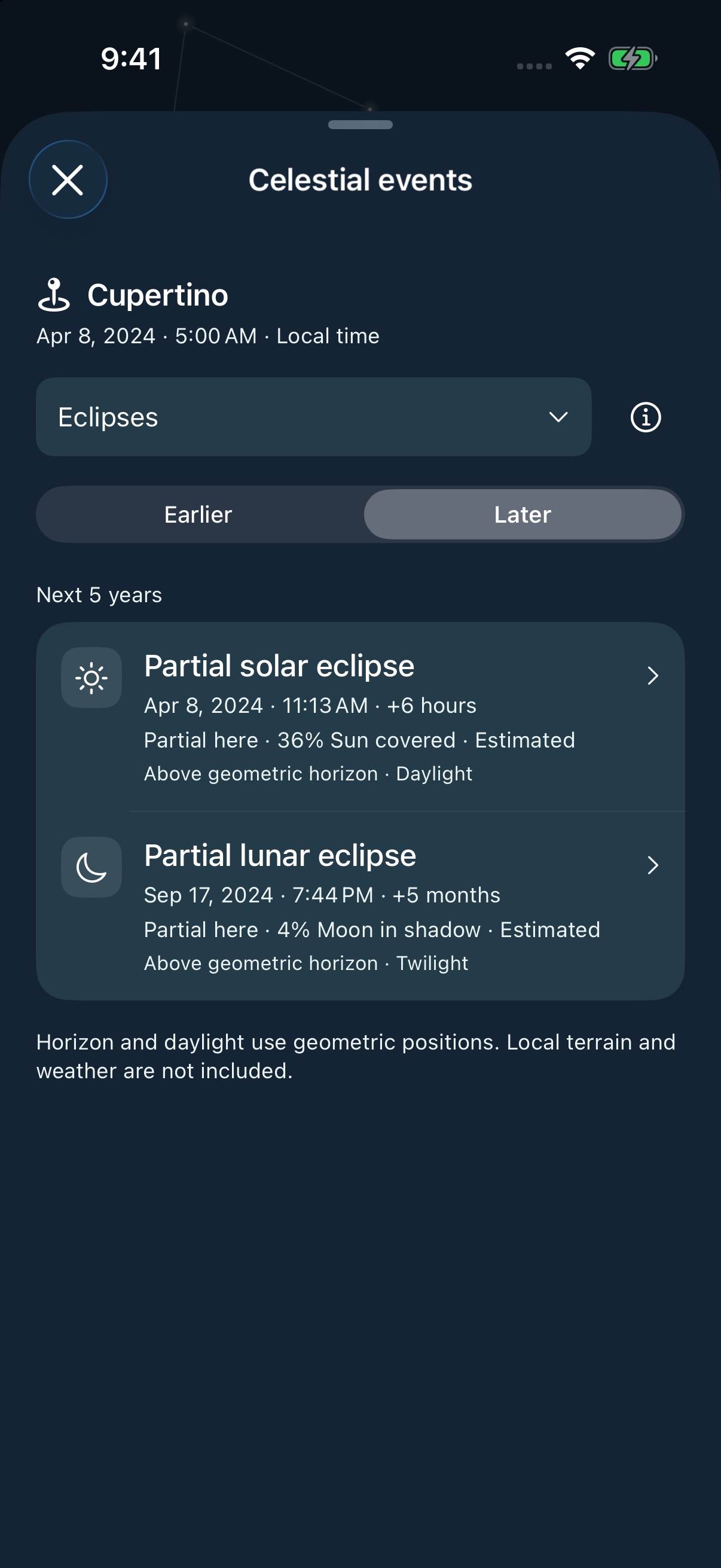 Astra’s native celestial event browser listing local eclipses